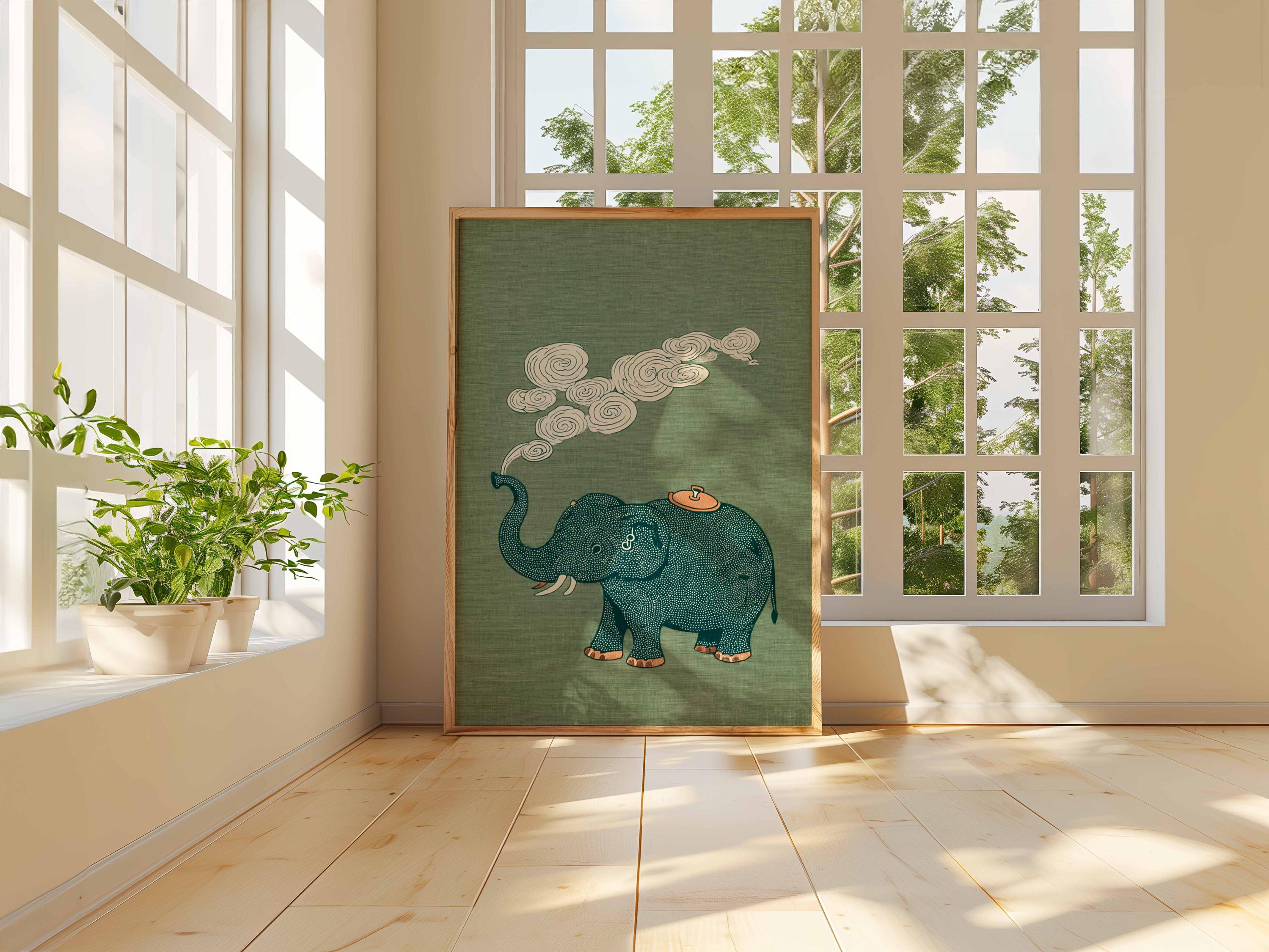 Japanese Elephant Poster, Vintage Asian Art, Japandi Wall Decor