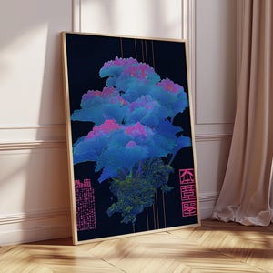 May include: Framed art print featuring a stylized floral design in shades of blue, pink, and green against a dark background. The artwork includes vertical gold lines and Asian characters in pink. The frame is a light wood color.
