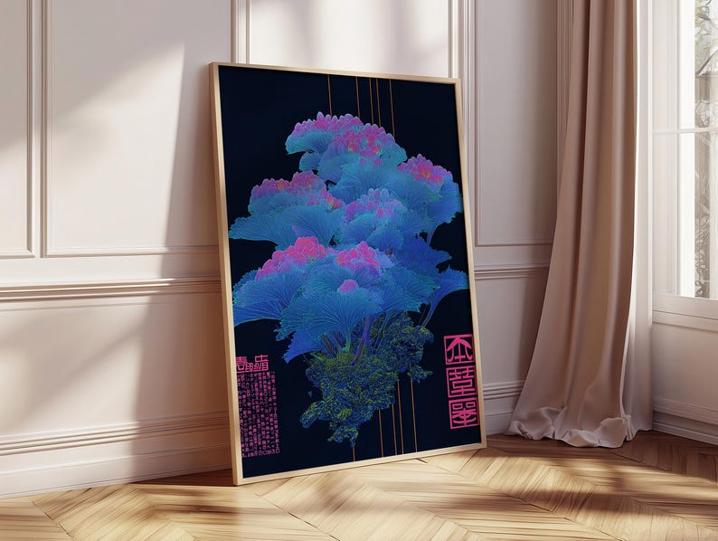 May include: Framed art print featuring a stylized floral design in shades of blue, pink, and green against a dark background. The artwork includes vertical gold lines and Asian characters in pink. The frame is a light wood color.