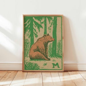 Bear Forest Wall Art, Vintage Wildlife Poster, Rustic Cabin Print, Woodland Animal Decor, Outdoor Brown Bear Artwork, Wilderness Lodge Style