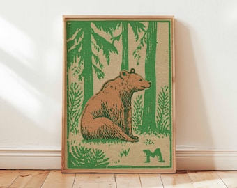 Vintage print bruine beer, rustieke bosmuurkunst
