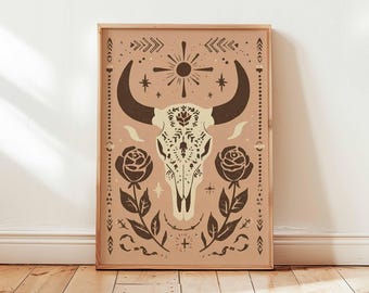 Floral Cow Skull Art Print, Boho Western Home Decor