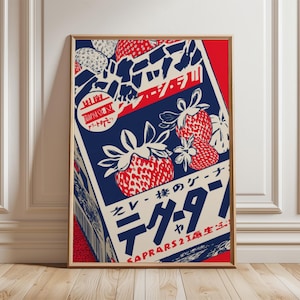 Japanese Snack Poster | Retro Strawberry Candy Art Print | Red and Blue Pop Art Kitchen Wall Decor | Vintage Japan Design