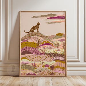 Leopard On Colorful Hills Poster | Wildlife Landscape Illustration | Modern Nature Wall Art Print