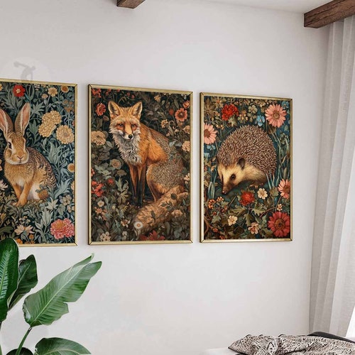 Impressions William Morris, lot de 3 affiches William Morris, art animalier William Morris, décoration botanique, art vintage, impression renard, art lapin
