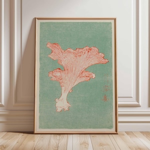 May include: A framed art print featuring a stylized illustration of a coral-colored mushroom against a muted teal background. The artwork has a vintage aesthetic, with Japanese text in the lower right corner. The frame is a warm brown color.