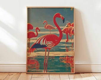 Póster de flamenco rosa, arte mural de aves tropicales, decoración de naturaleza