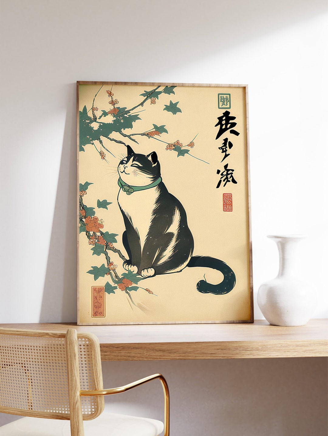 Japanese Cat Art Print, Vintage Oriental Animal Wall Decor - Etsy