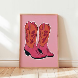 Pink Cowgirl Boots Poster, Western Wall Art Print, Retro Country Girl Decor, Floral Cowboy Boot Illustration for Bedroom or Studio