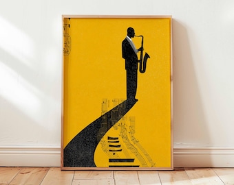May include: A framed art print featuring a silhouette of a musician playing a saxophone against a vibrant yellow background. The musician's shadow extends downward, incorporating musical notes and city outlines. The artwork is in a wooden frame.