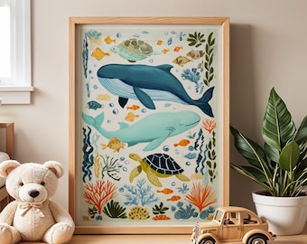 Lámina infantil "Bajo el mar", ilustración de ballena y tortuga, decoración costera.