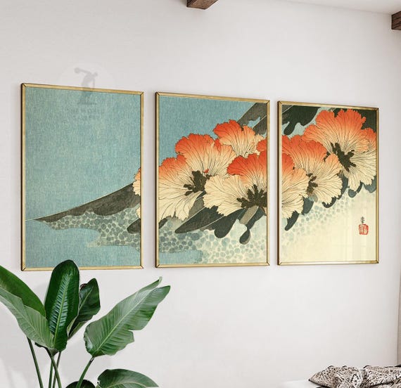 Japanese Floral Wall Art Set of 3 | Vintage Chrysanthemum  display picture 1