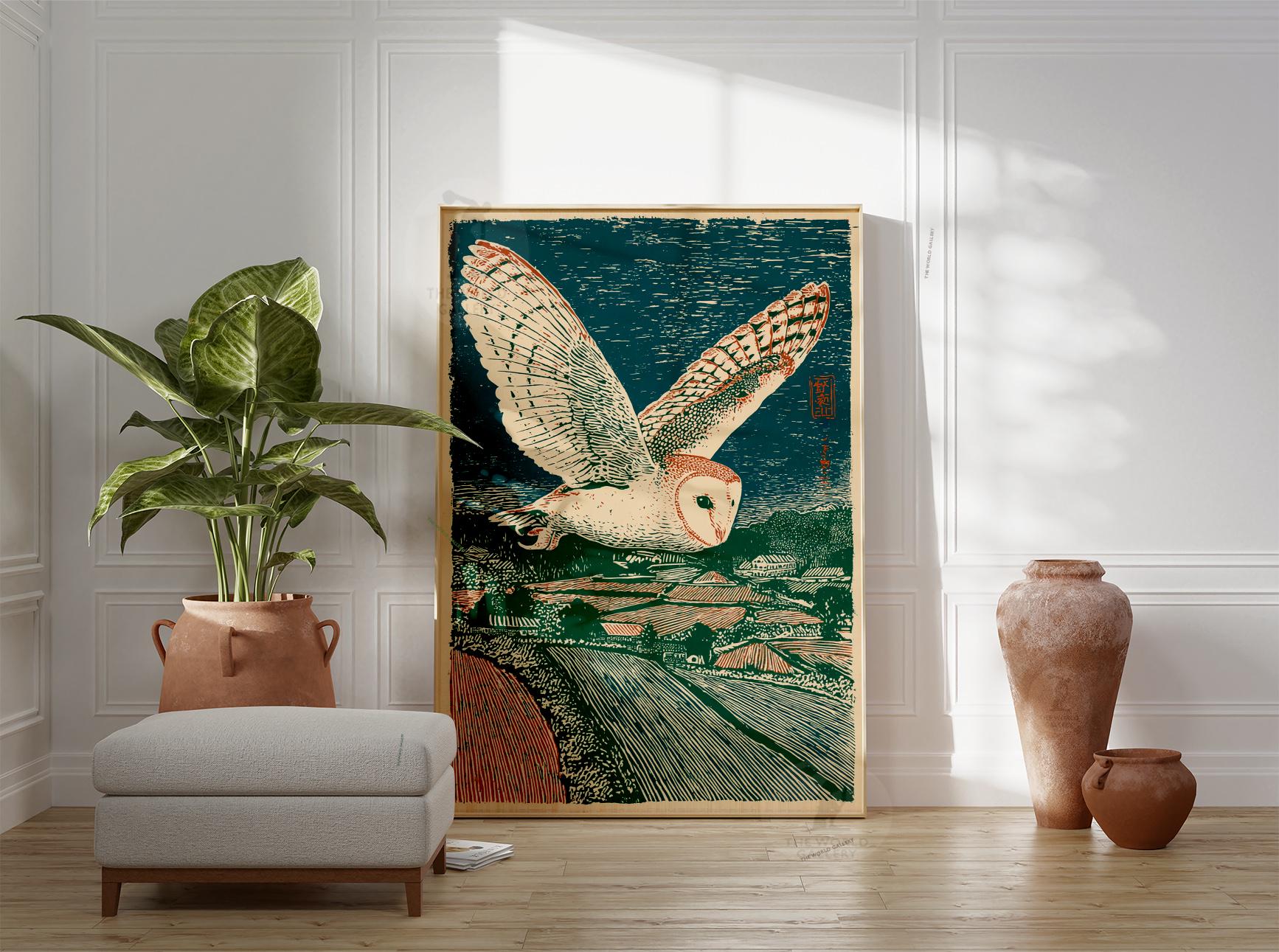 Barn Owl Farmland Poster | Vintage Linocut Style Bird Print