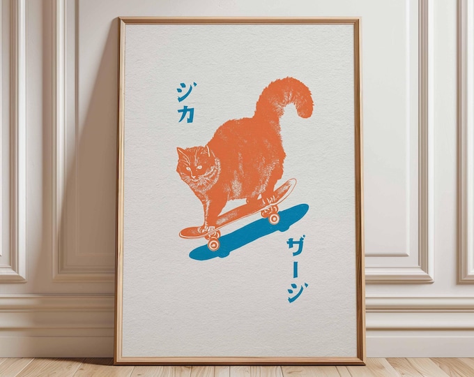 Japanese Pop Art Cat Print, Retro Skateboard Wall Art, Funny Orange Cat Poster, Minimal Modern Animal Illustration