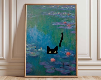 Stampa di un gatto nero con ninfee di Monet, arte surreale e divertente con gatti