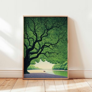 Poster gigante con albero verde, stampa artistica da parete con natura pacifica, illustrazione di paesaggio sereno, decorazione rilassante con scena di albero per camera da letto o soggiorno