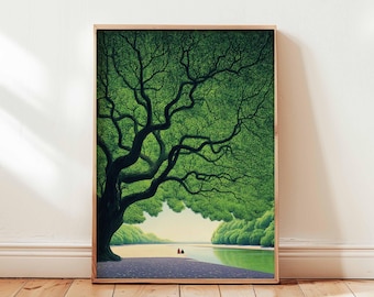 Giant Green Tree Poster, Peaceful Nature Wall Art Print, Serene Landscape Illustration, Calming Tree Scene Decor for Bedroom or Living Room