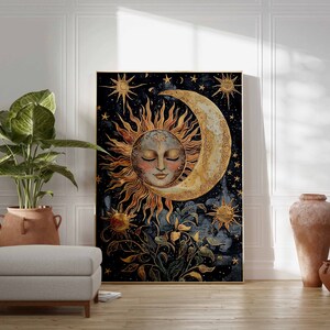 May include: A gold and blue tapestry featuring a stylized sun and moon with a human face. The sun has closed eyes and the moon is a crescent shape. The background is a dark blue with gold stars.