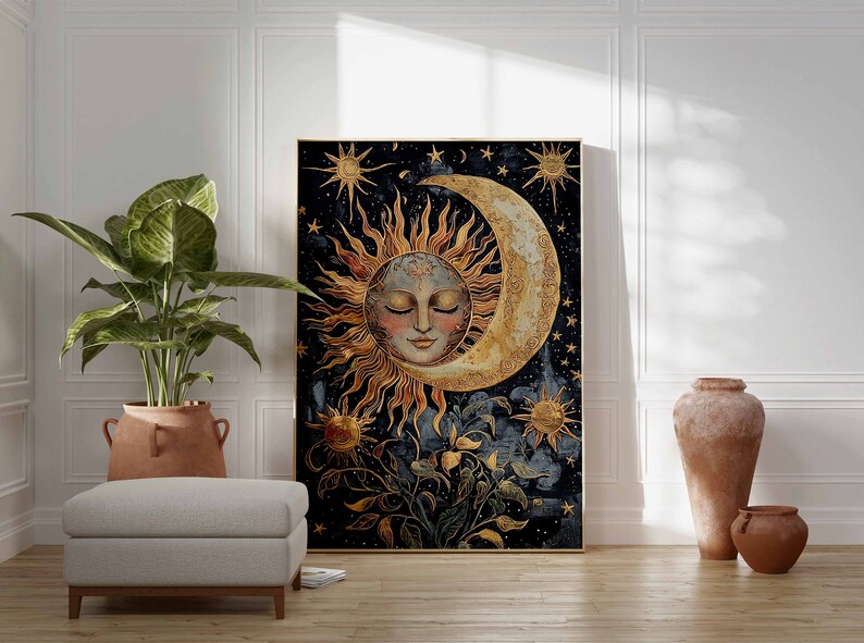 May include: A gold and blue tapestry featuring a stylized sun and moon with a human face. The sun has closed eyes and the moon is a crescent shape. The background is a dark blue with gold stars.