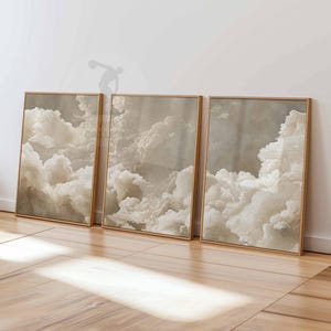 Beige Clouds Bedroom Wall Art Set of 3 Prints, White Clouds Beige Sky Posters, Vintage Home Decor, Set of 3 Large Poster Art, Bedroom Decor