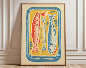 Sardine Tin Poster, Retro Kitchen Art Print, Coastal Home Decor