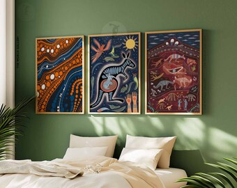 アボリジニ・アートプリント、オーストラリア先住民風インテリア、3枚