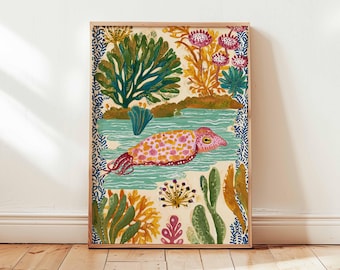May include: A framed art print featuring a colorful illustration of a squid swimming in water. The squid is pink and orange with yellow spots. The background includes various plants and flowers in shades of green, yellow, and pink. The frame is a light wood color.