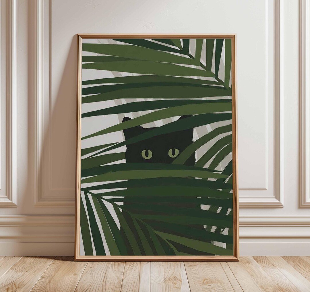 Black Cat Jungle Wall Art | Minimalist Botanical Poster Print | Cat ...