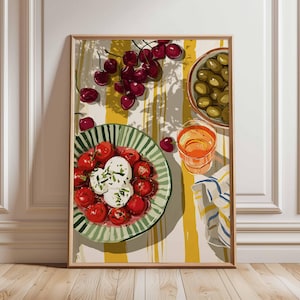 Mediterranean Kitchen Wall Art Print, Food Still Life Poster, Colorful Dining Room Artwork, Fruit and Salad Illustration, Rustic Wall Decor