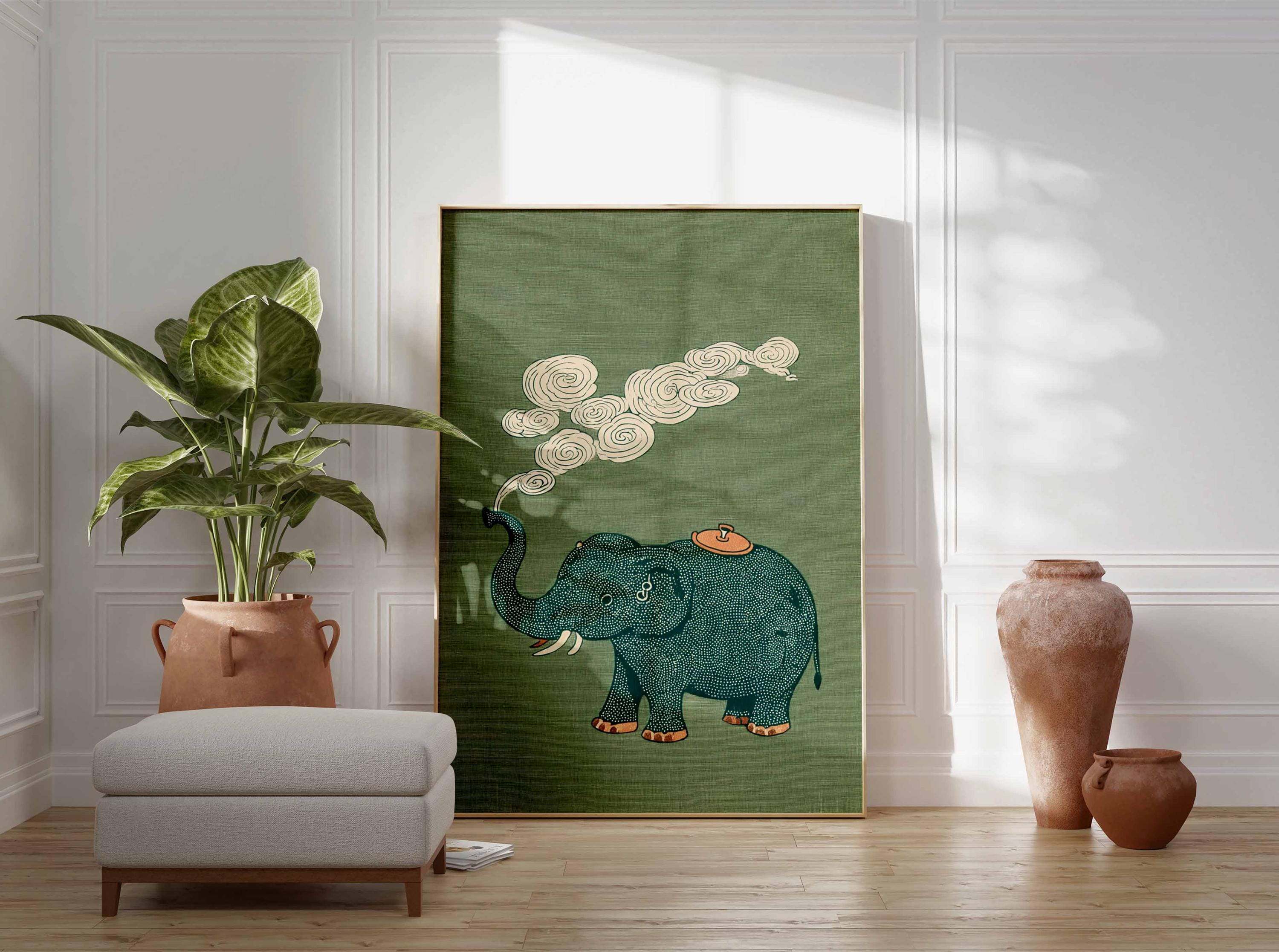 Japanese Elephant Poster, Vintage Asian Art, Japandi Wall Decor