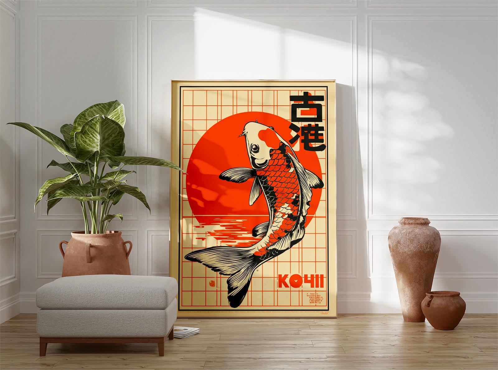 Koi Fish Wall Art, Japanese Poster Design, Vintage Minimalist Print ...