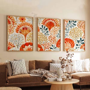 Retro Floral Pattern Set of 3 Posters, Mid Century Modern Floral Prints, Boho Living Room Decor, Bold Botanical Poster Set, Aesthetic Art