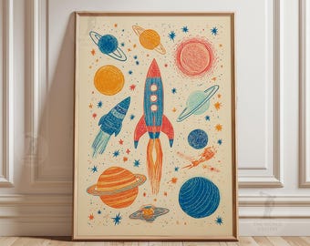 Space Poster | Rocket And Planets Illustration | Kids Room Wall Art | Colorful Nursery Decor