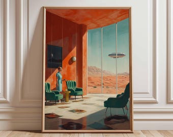 May include: Framed art print depicting a surreal interior scene. The room features orange walls, green armchairs, and a large window overlooking a desert landscape with a flying saucer. A person in a blue dress stands near the chairs.