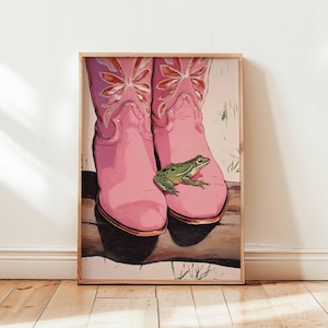 Pink Cowgirl Boots Poster, Western Wall Art Print, Retro Country Girl Decor, Floral Cowboy Boot Illustration for Bedroom or Studio