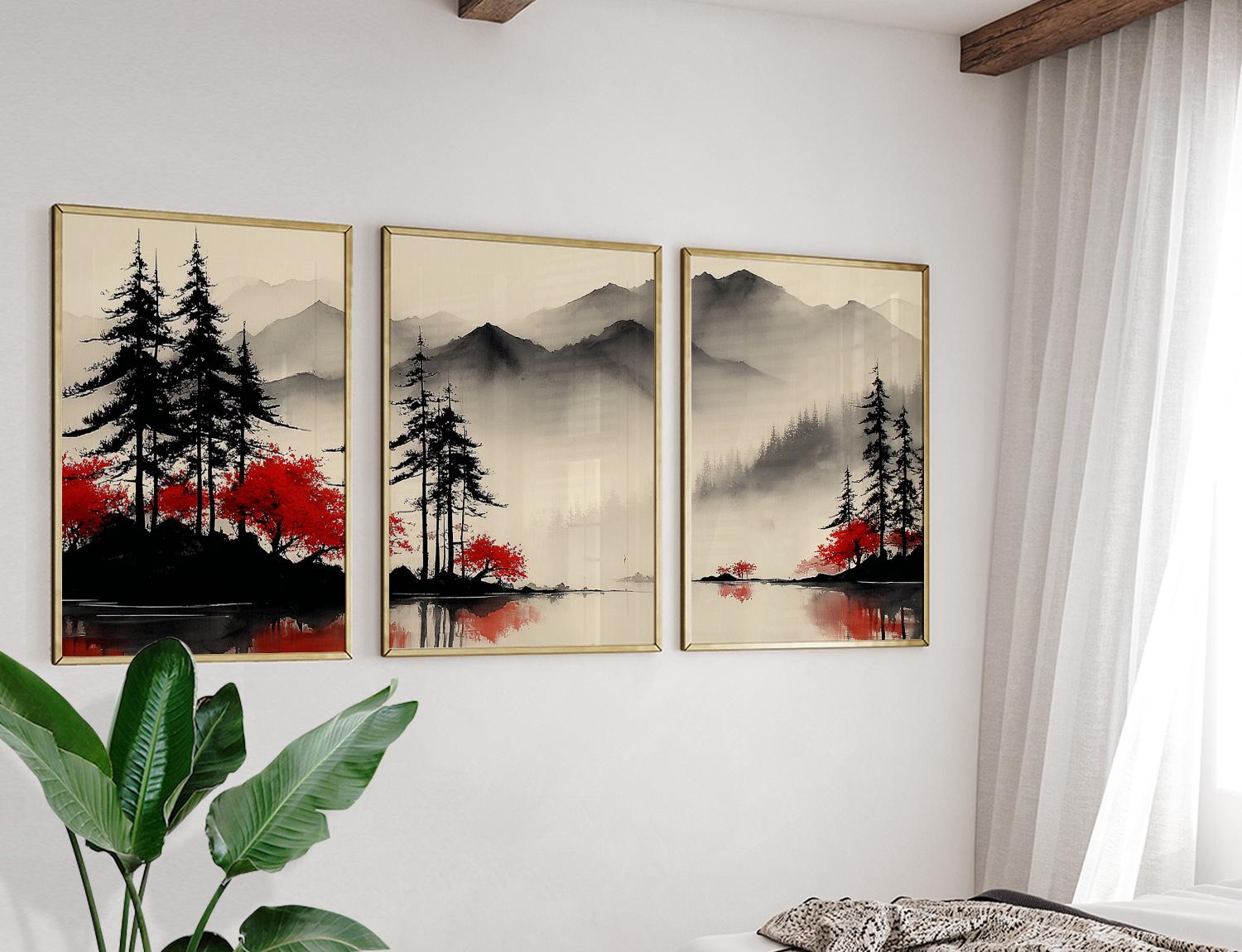 Red Tree Landscape Posters Set of 3, Japanese Ink Wash Prints