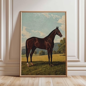 Vintage Horse Painting Art Print, Equestrian Wall Decor, Brown & Green Horse Portrait, Farmhouse Style Animal Art, Horse Lover Gift
