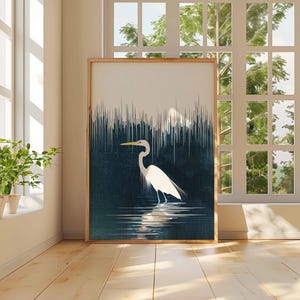 Snowy Egret Art Print, Minimalist Heron Art Print, Coastal Bird Poster, Modern Egret Wall Art, Nautical Wildlife Decor, Scandinavian Decor