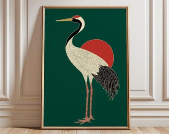 日本の鶴の版画：ミニマルな緑の自然アート - Etsy 日本