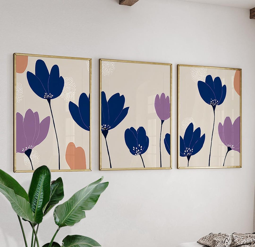 Blue Floral Wall Art Posters | Modern Botanical Triptych Prints | Set ...