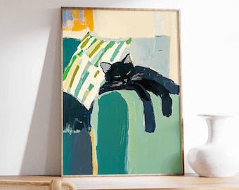 Abstract Black Cat Art Print, Modern Home Decor
