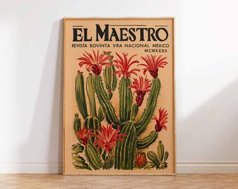 ヴィンテージのメキシコのサボテンのアートプリント、カラフルな花の
