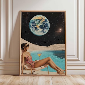 Póster retro de ciencia ficción, decoración cósmica surrealista de los años 70, póster espacial futurista, impresión de paisaje vintage, obra de arte espacial para dormitorio y sala de estar.