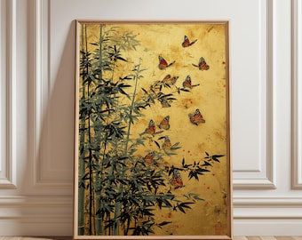Schmetterling Poster, Golden Monarch Illustration mit Bambus, Asiatisch inspirierte Kunst