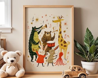 Animal Band Nursery Wall Art, Whimsical Illustration, Cute Kids Music Print, Playful Baby Room Poster, Jungle Animal Nursery Decor