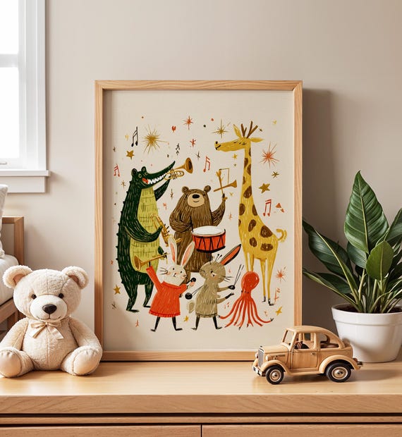 Animal Band Nursery Wall Art, Whimsical Illustration, Cute Kids Music Print, Playful Baby Room Poster, Jungle Animal Nursery Decor