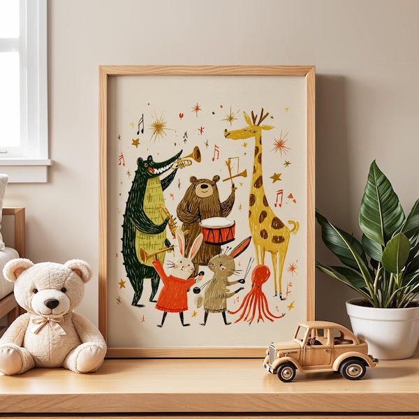Animal Band Nursery Wall Art, Whimsical Illustration, Cute Kids Music Print, Playful Baby Room Poster, Jungle Animal Nursery Decor