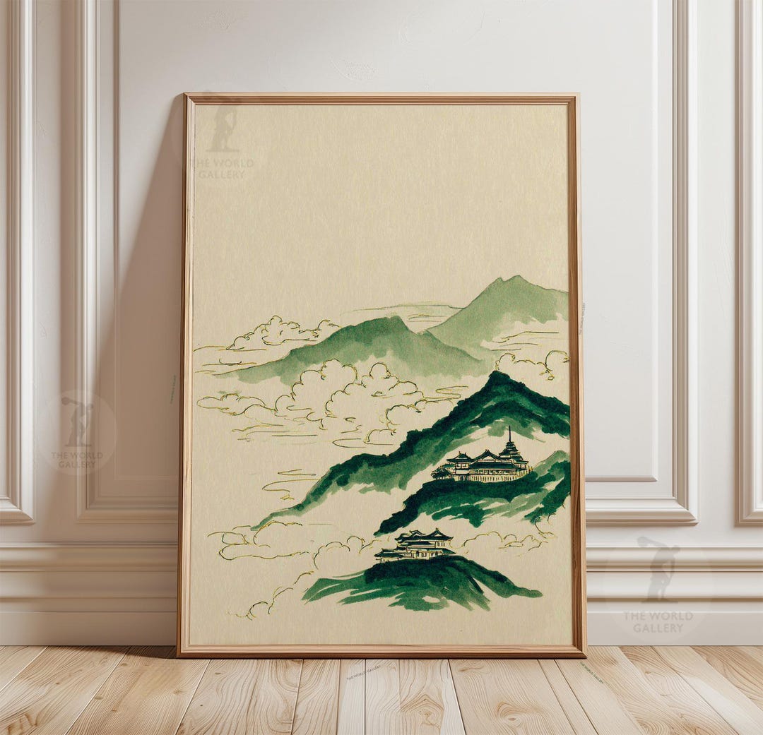 Mountain Temple Print | Asian Ink Landscape Wall Art, Japandi Decor - Etsy