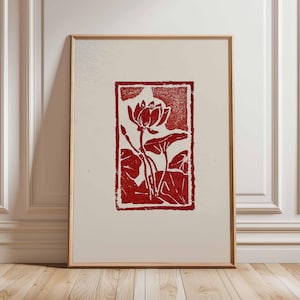 Rote Linolschnitt Blumen Wand Kunst Druck, Botanische Block Druck Poster, Minimalistische Blumen Kunstwerk, Moderne Rustikale Wohnkultur