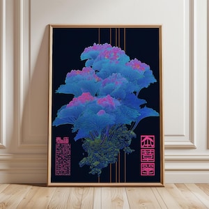 May include: Framed art print featuring a digital illustration of a stylized plant with blue and pink hues against a dark background. The artwork includes Japanese text in pink. The print is displayed in a wooden frame.